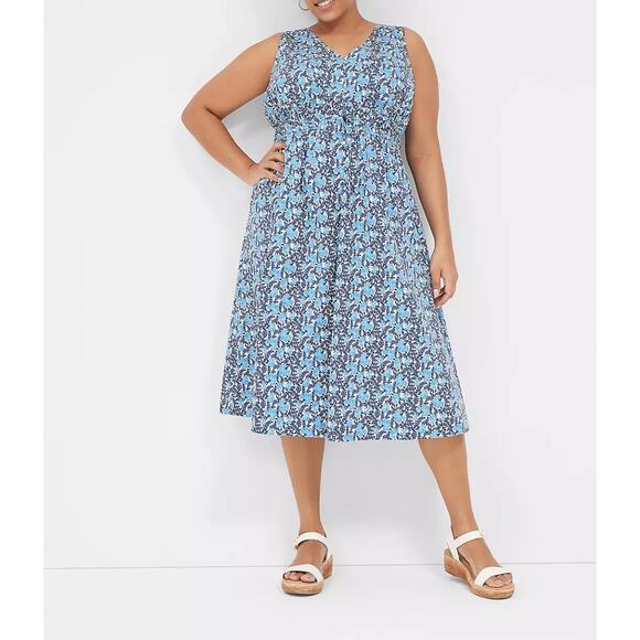 Lane Bryant Womens V Neck Elastic Waist Dress Size 24 Cotton Floral Summer Blue - Picture 2 of 7